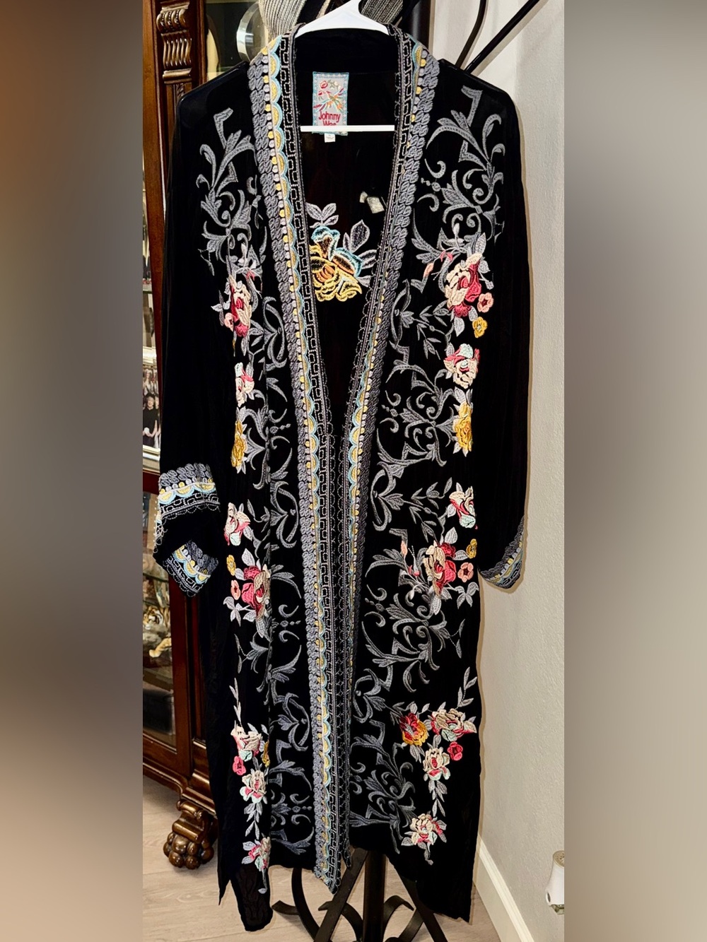 Johnny Was Black Long Kimono with Multicolor Floral Embroidery XL